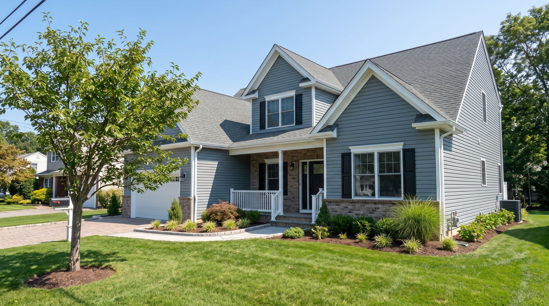 Suburban gray two-story house with white trim, front porch, garage, and green lawn on a sunny day