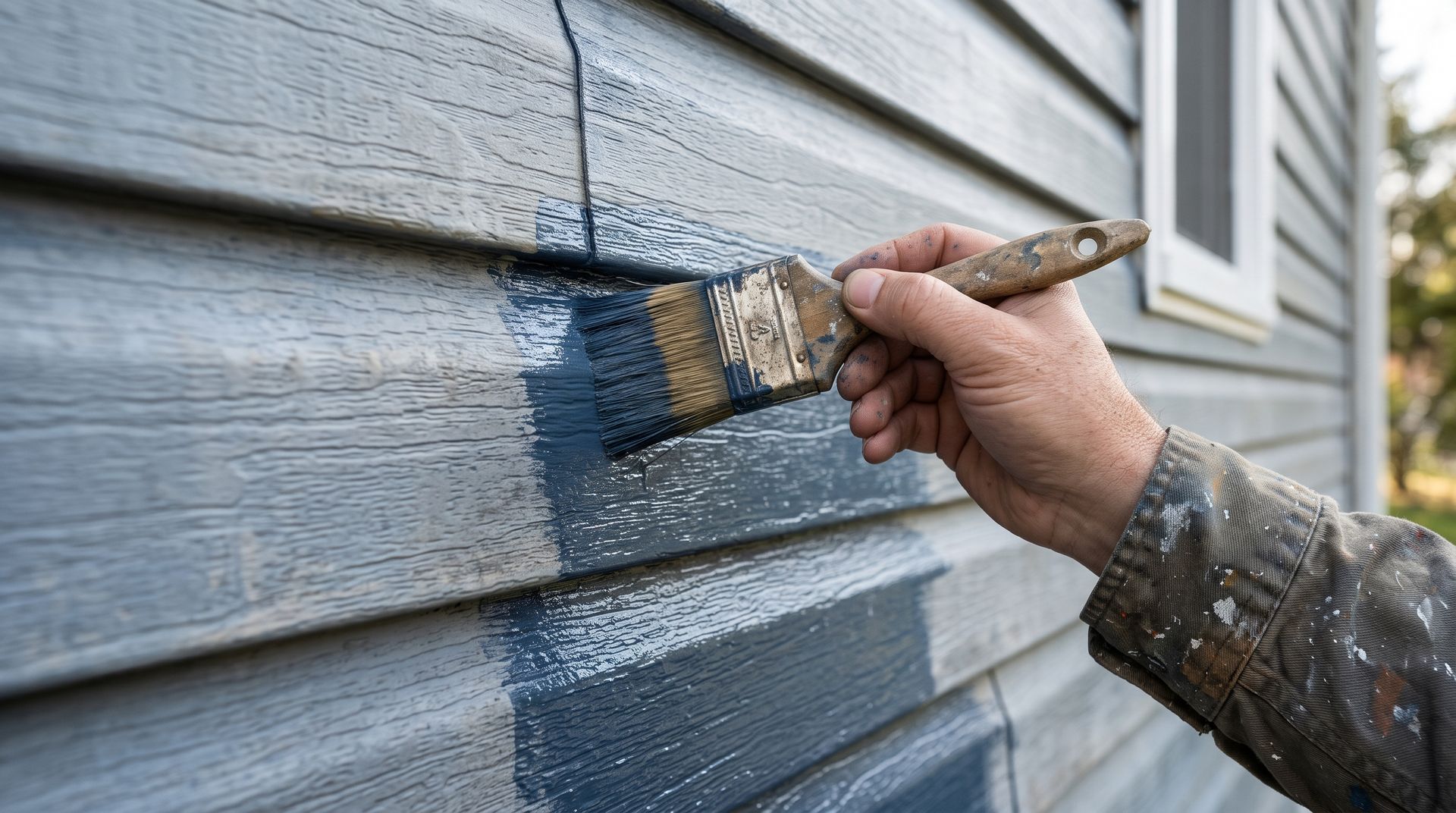 Hand painting blue-gray wood siding on a house with a brush