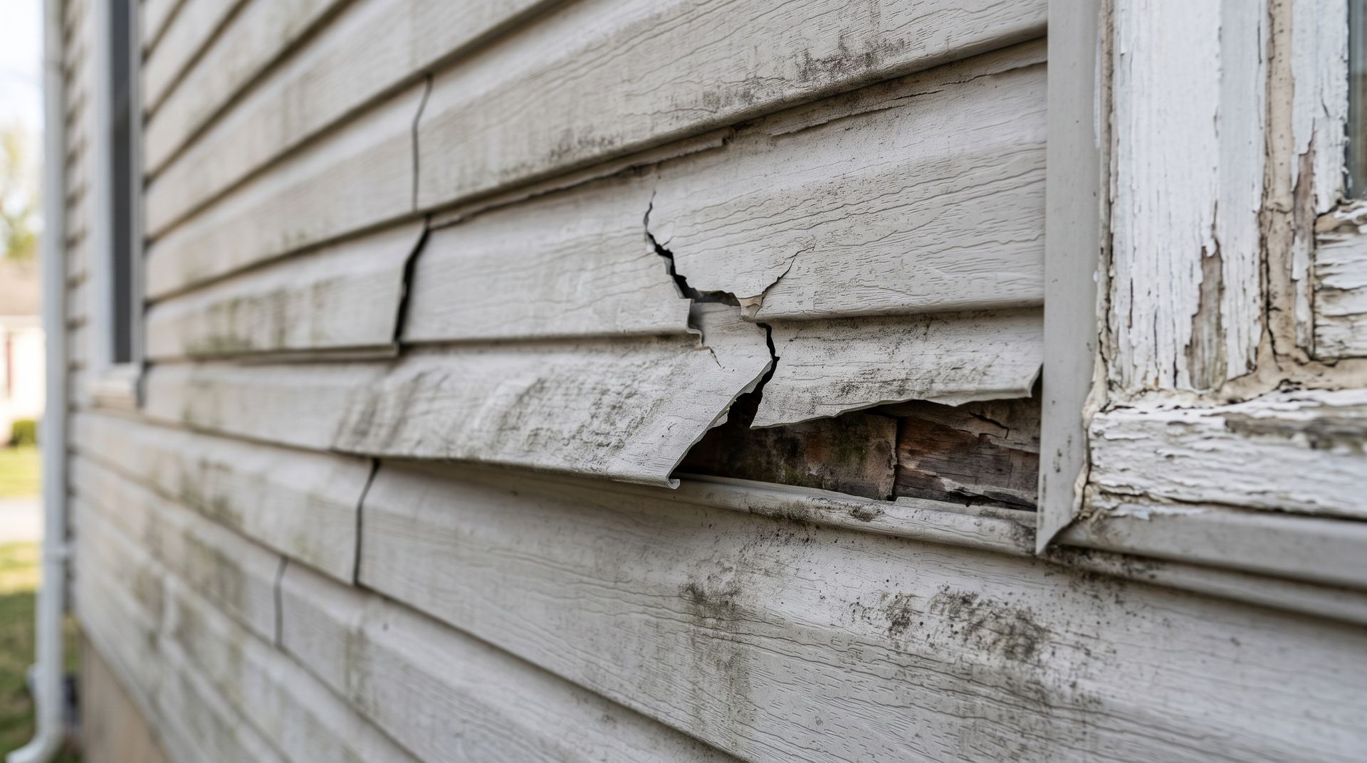 Cracked, weathered white house siding beside a window frame