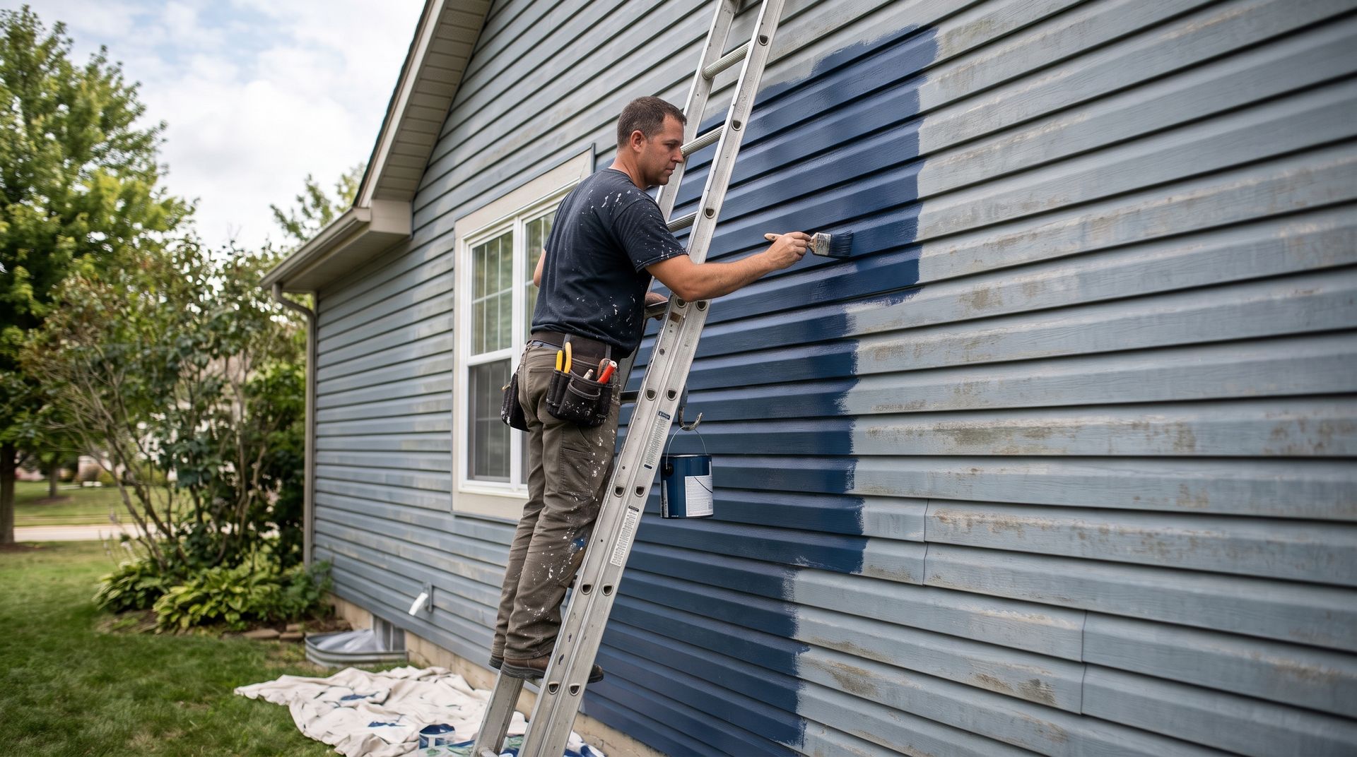 Person painting a house’s blue siding with a ladder and brush outdoors