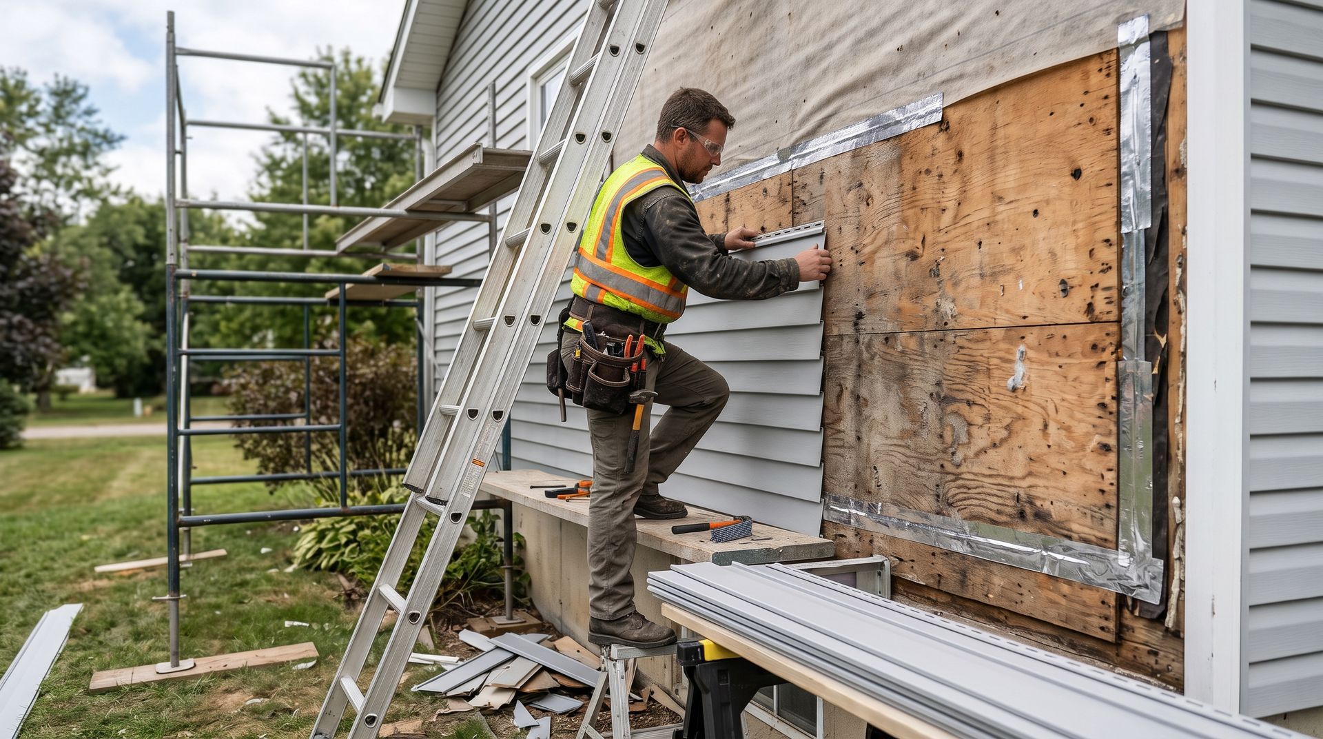 Worker removing plywood from a house exterior under renovation, beside a ladder and scaffolding.