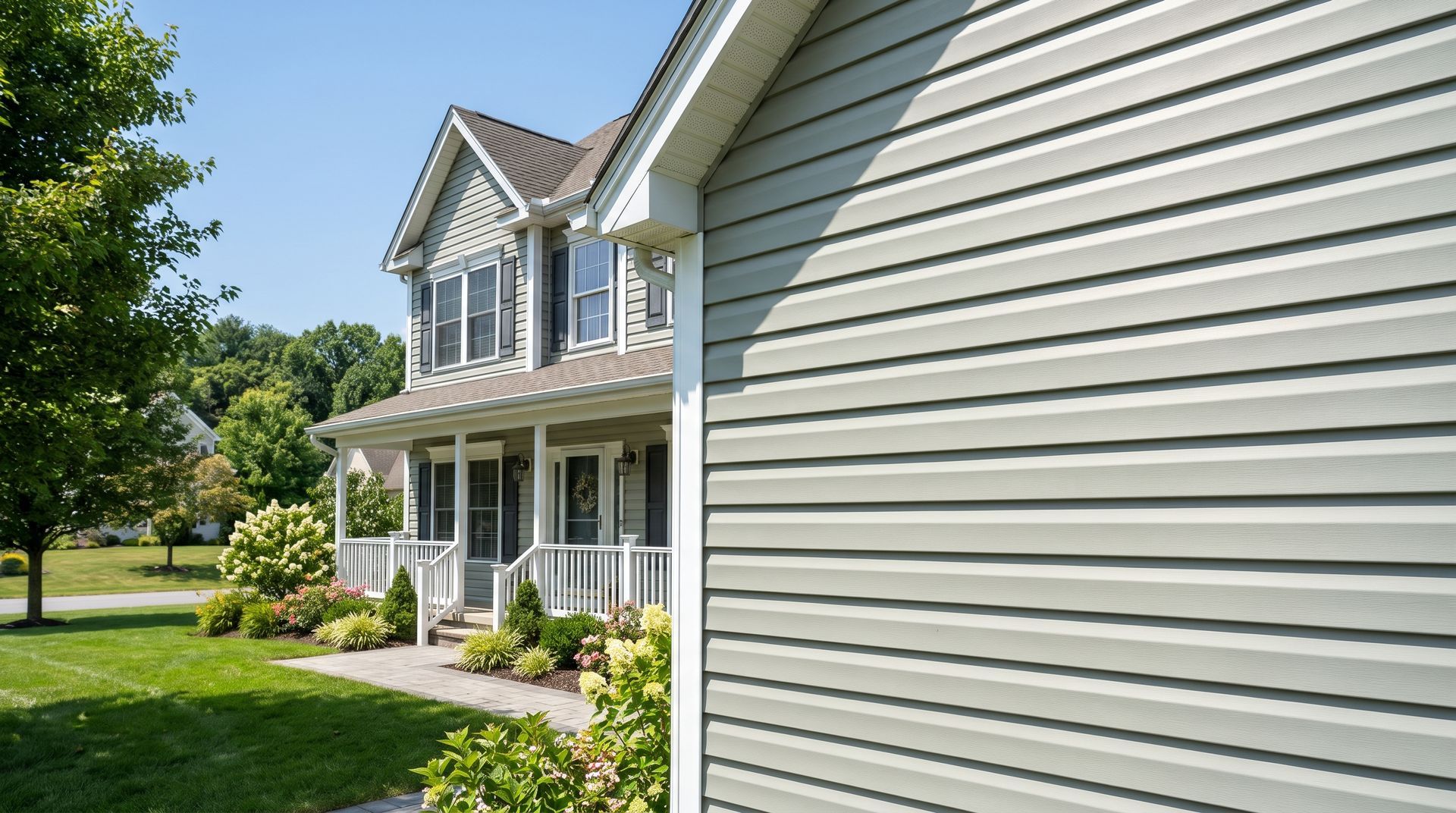 Suburban house with gray siding, white trim, and a front porch beside a green lawn and trees