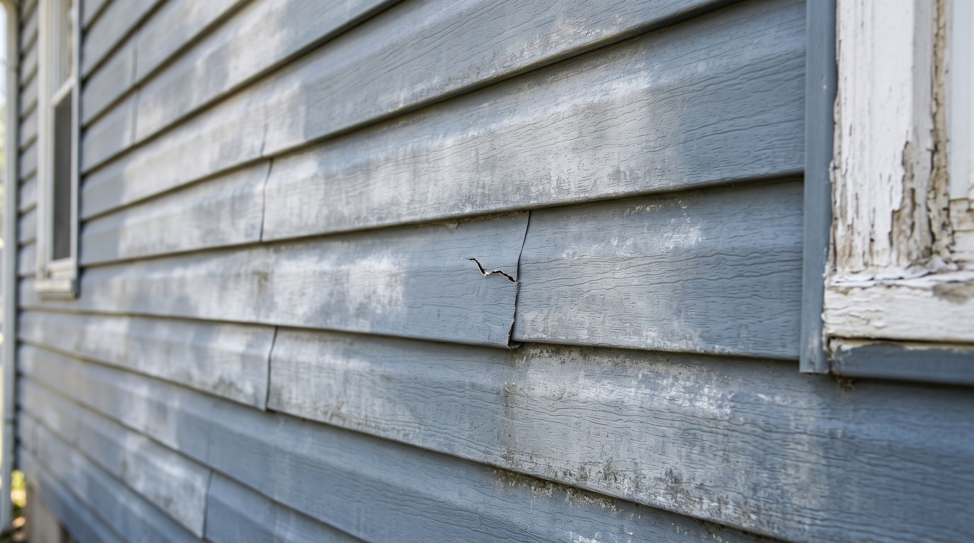 Close-up of weathered blue-gray house siding with peeling paint and cracked wood trim