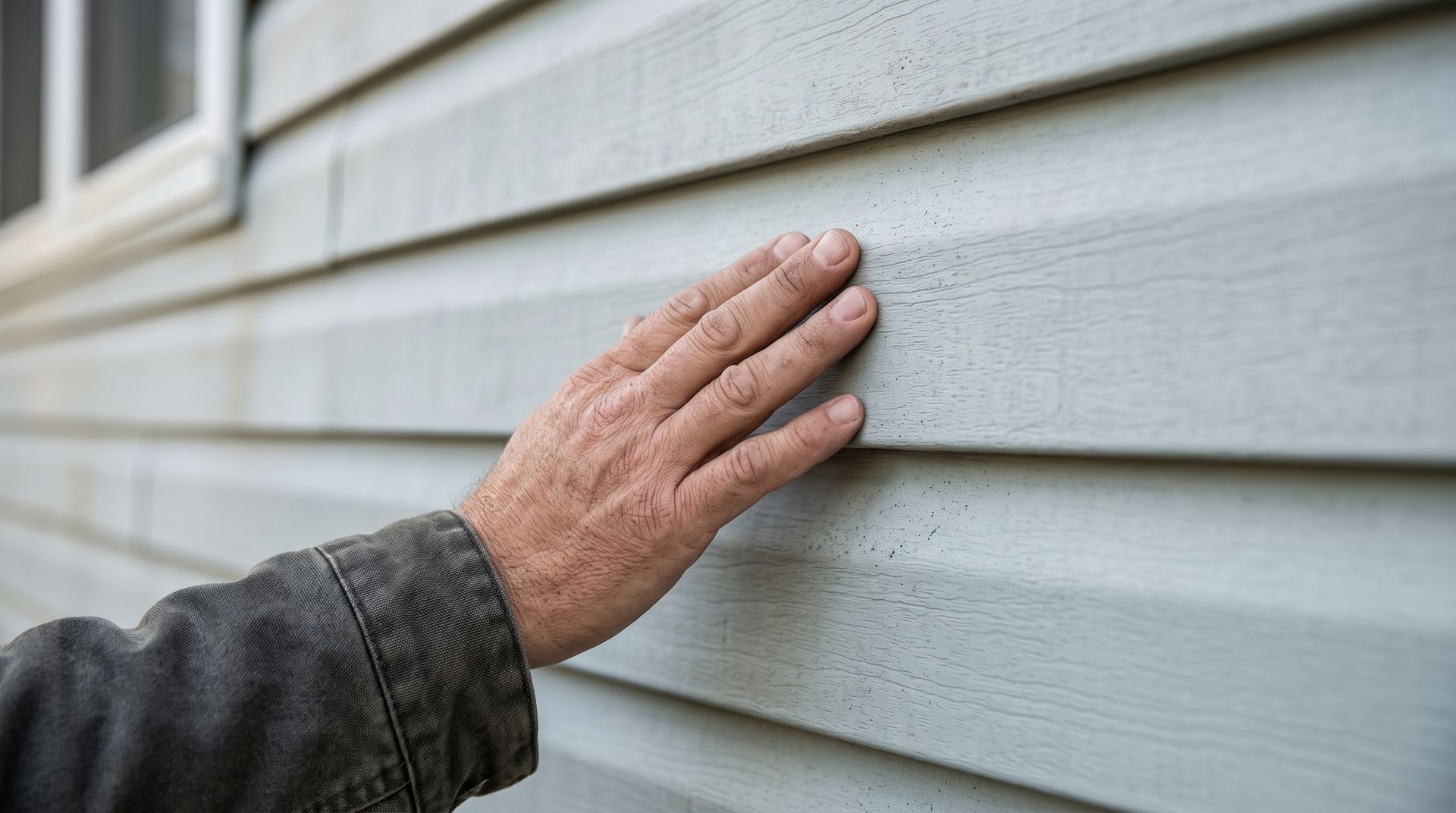 Hand checking white vinyl house siding for damage or moisture