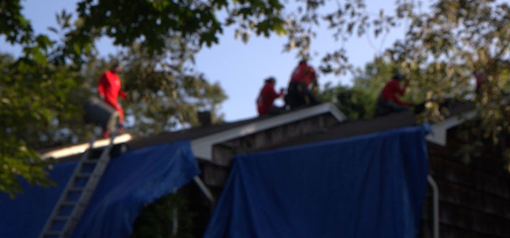 Workers in red shirts on a roof, lowering blue tarps beside a ladder.