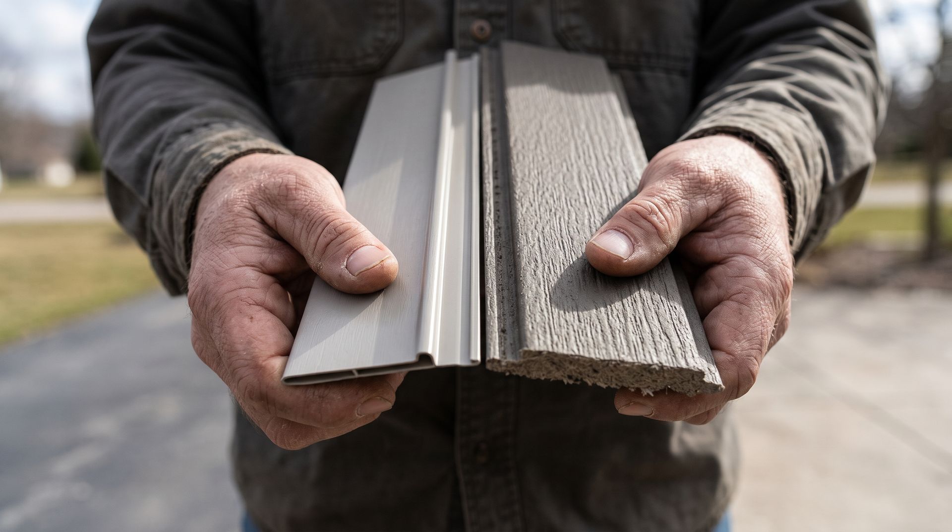 Hands holding two gray composite decking boards, one smooth and one textured, outdoors.