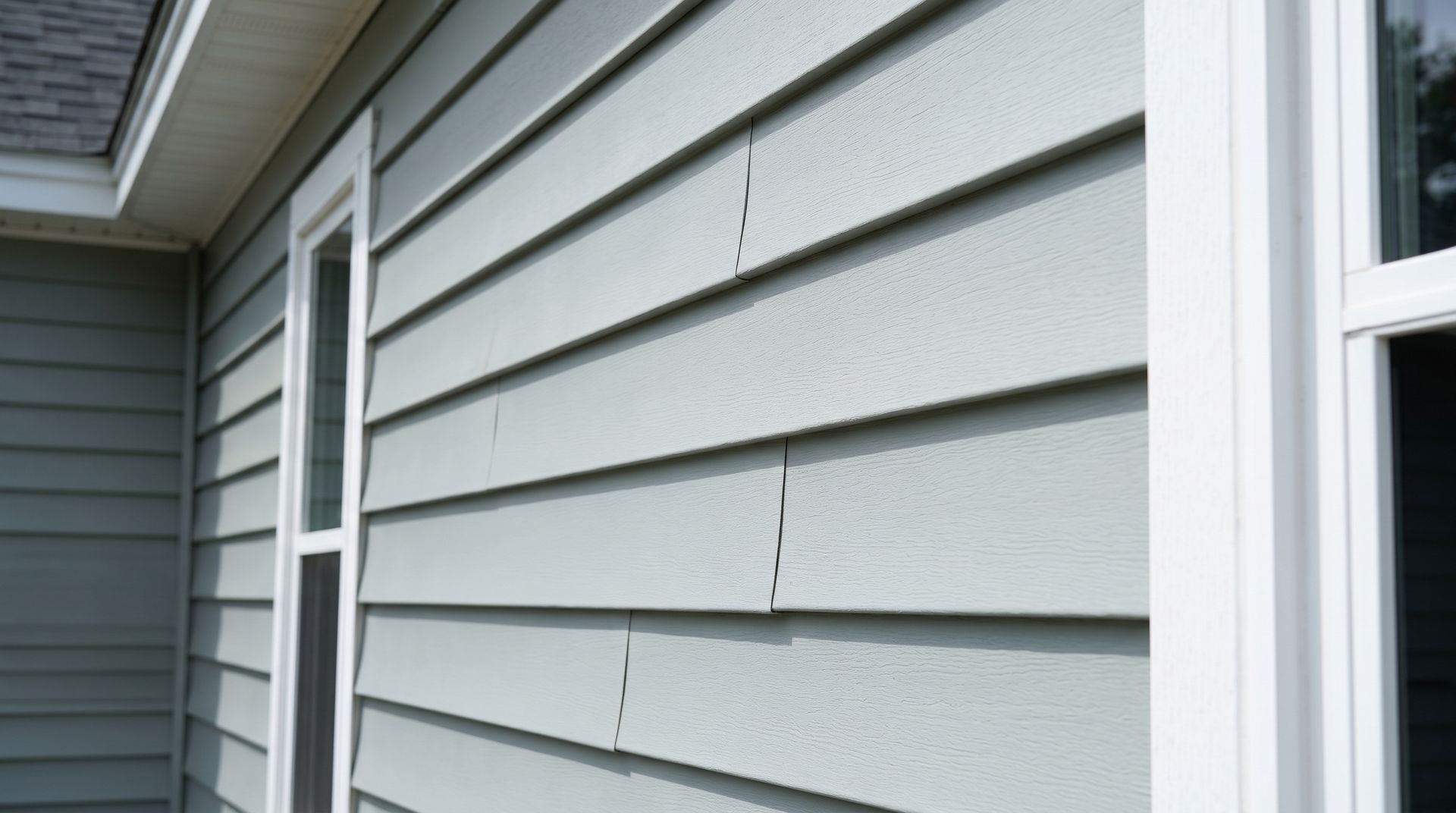Close-up of gray house siding with visible cracks and a white window frame on the right.