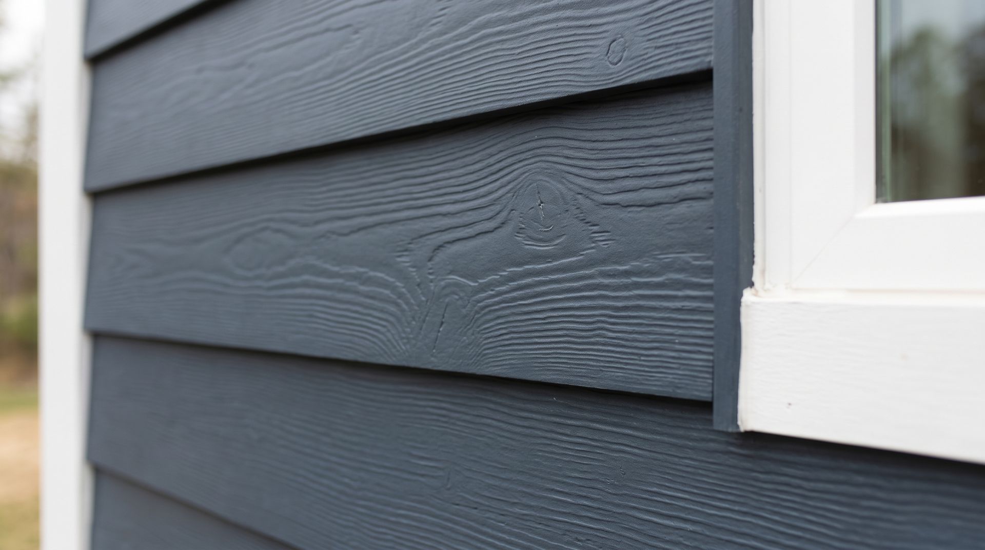 Gray house siding with white window trim close-up