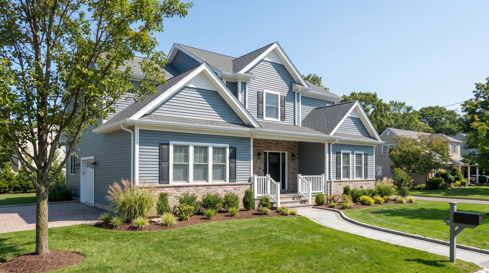 Gray suburban house with front porch, landscaped lawn, and driveway on a sunny day