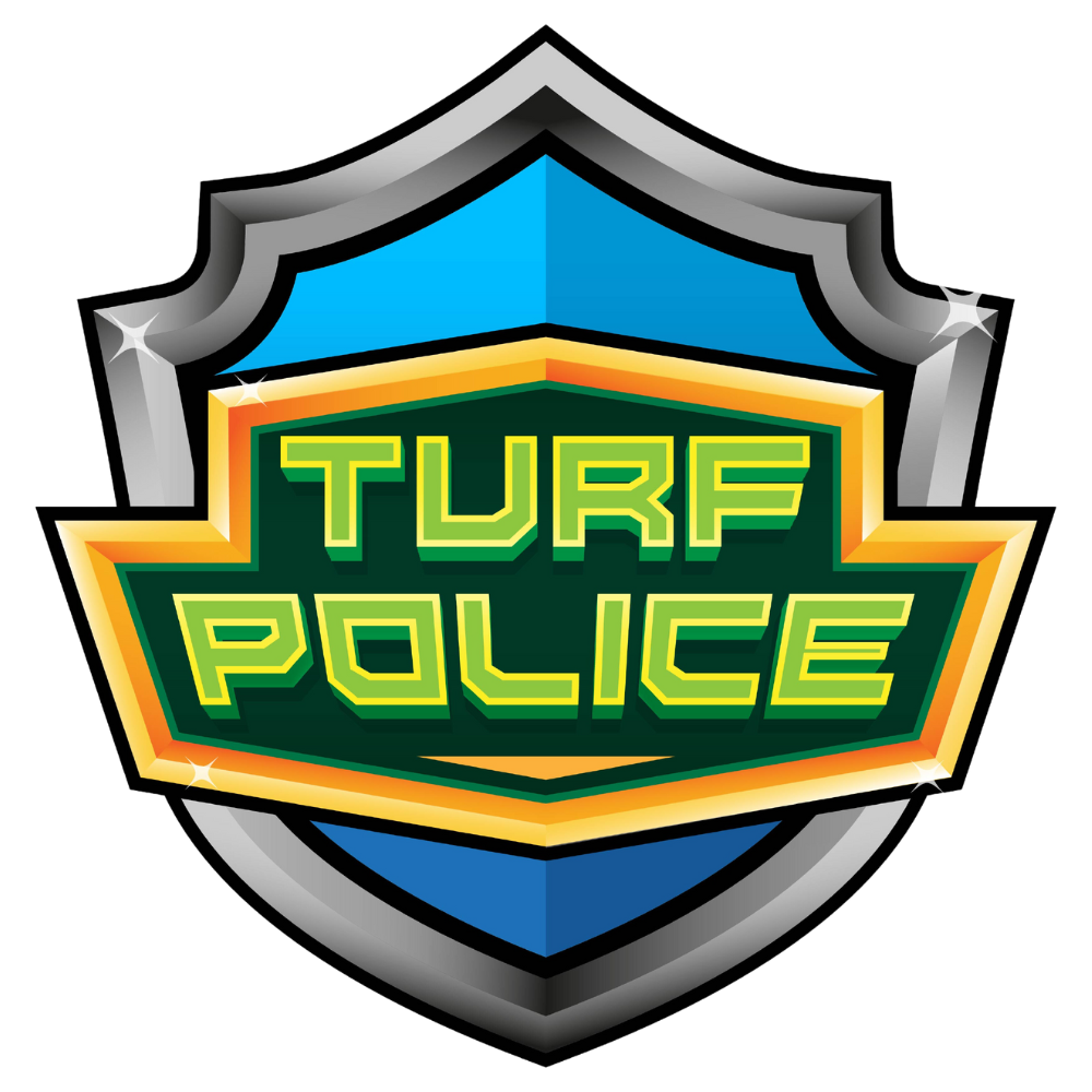 Shield logo with green and yellow “Turf Police” text on blue and silver background