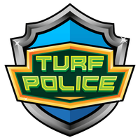 Shield logo with green and yellow “Turf Police” text on blue and silver background