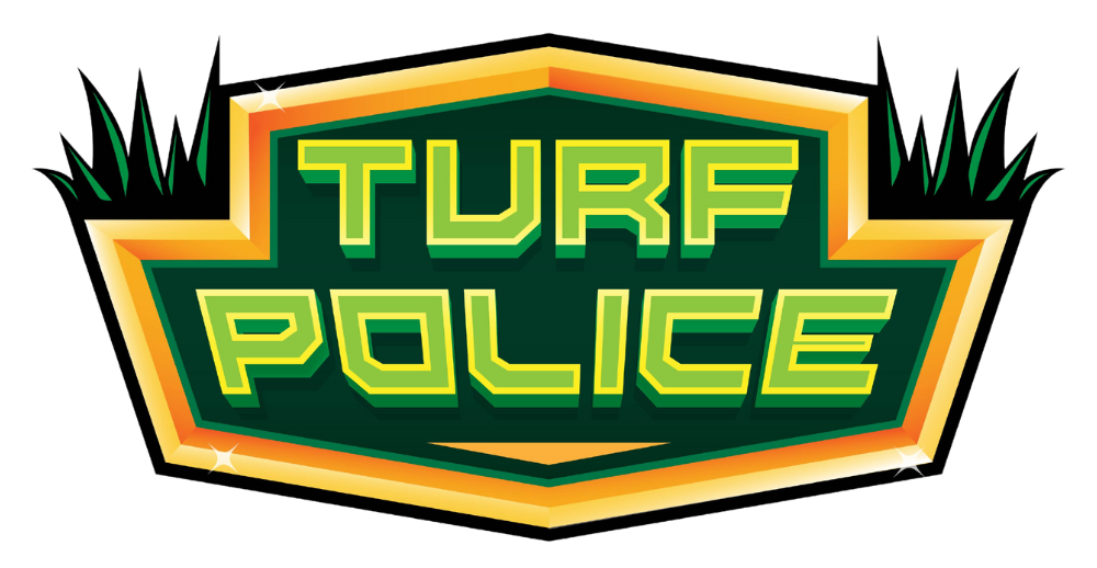 Turf Police logo in green and yellow with a shield shape and stylized lettering