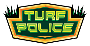 Turf Police logo in green and yellow with a shield shape and stylized lettering