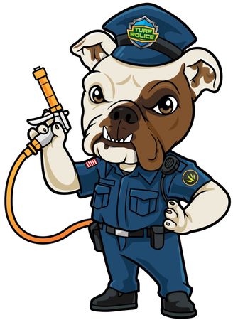 Cartoon bulldog police officer holding a baton and phone, wearing a navy uniform and cap.
