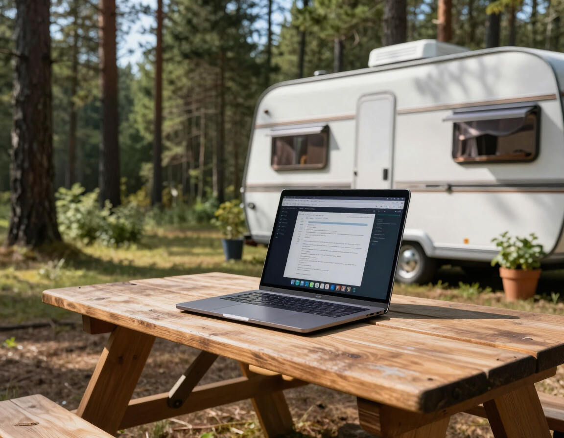 Laptop being used at RV campsite with WiFi