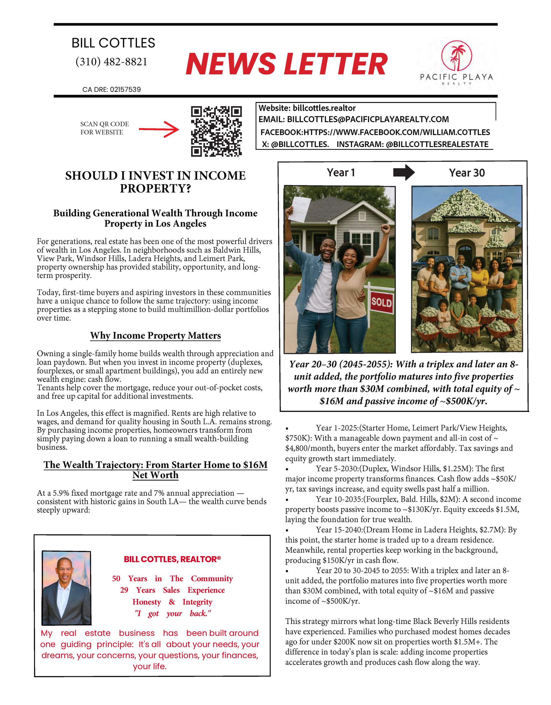 Newsletter with text, QR code, photos of people and houses, and a portrait of a man.