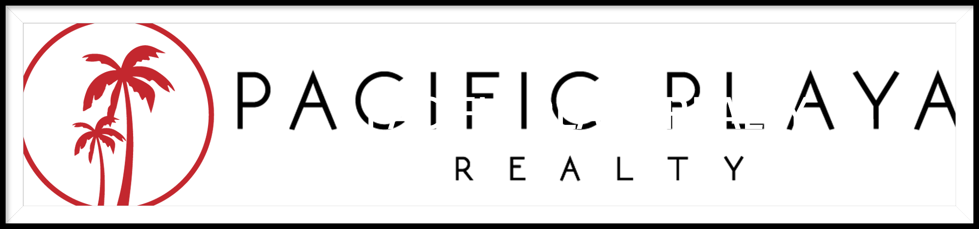 Logo of Pacific Playa Realty featuring palm trees in a red circle. Text in black.