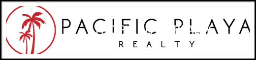 Logo of Pacific Playa Realty featuring palm trees in a red circle. Text in black.