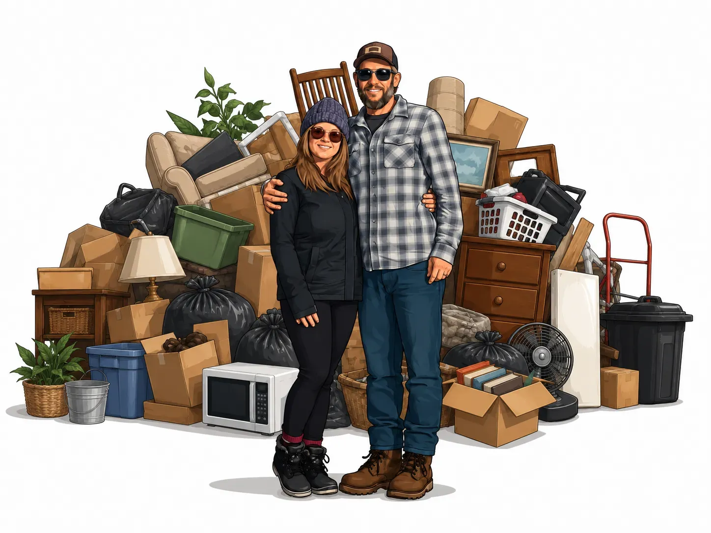 Two people standing among stacked moving boxes and household items, wearing winter clothes.