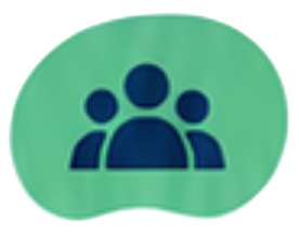 Green icon with three dark blue people silhouettes, representing a group or community