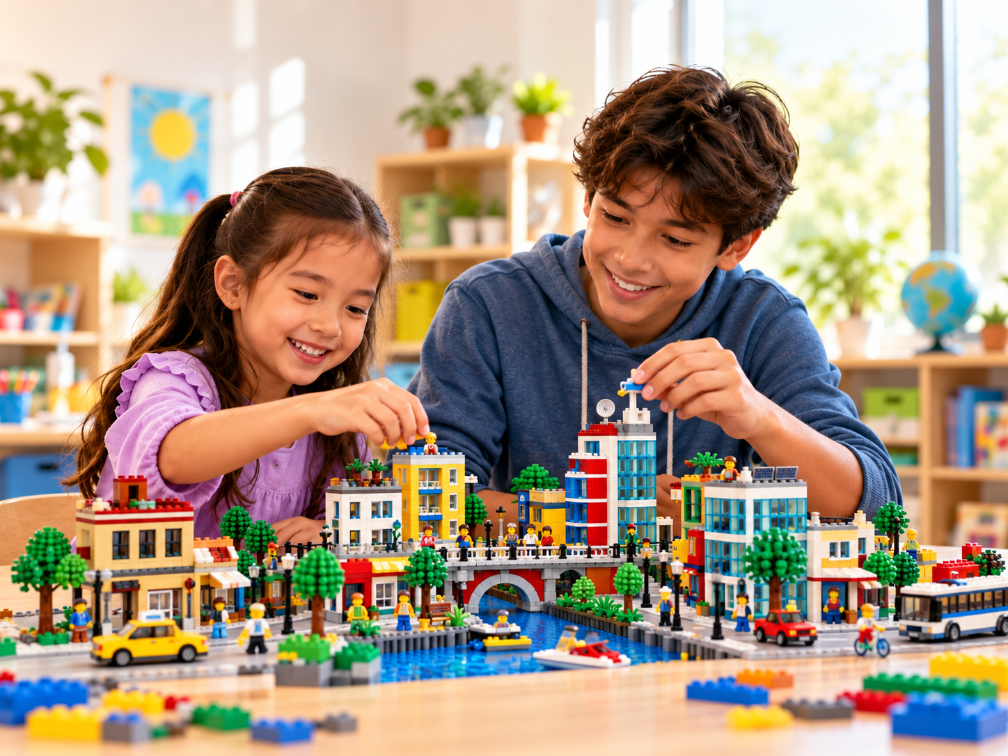 Two children building a colorful LEGO city together at a table, smiling in a bright room