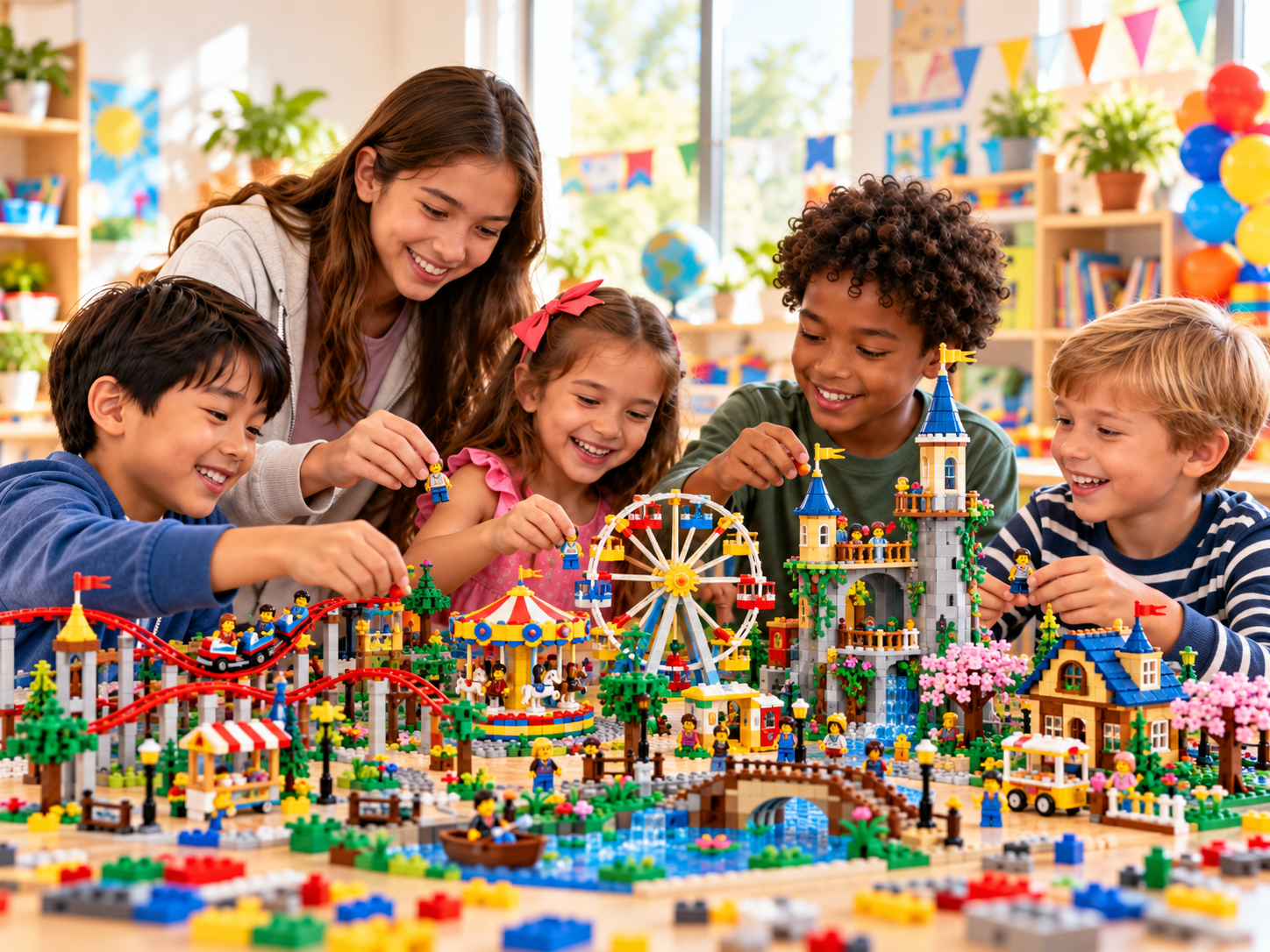 Children and an adult building a colorful LEGO city together at a table, smiling in a bright playroom