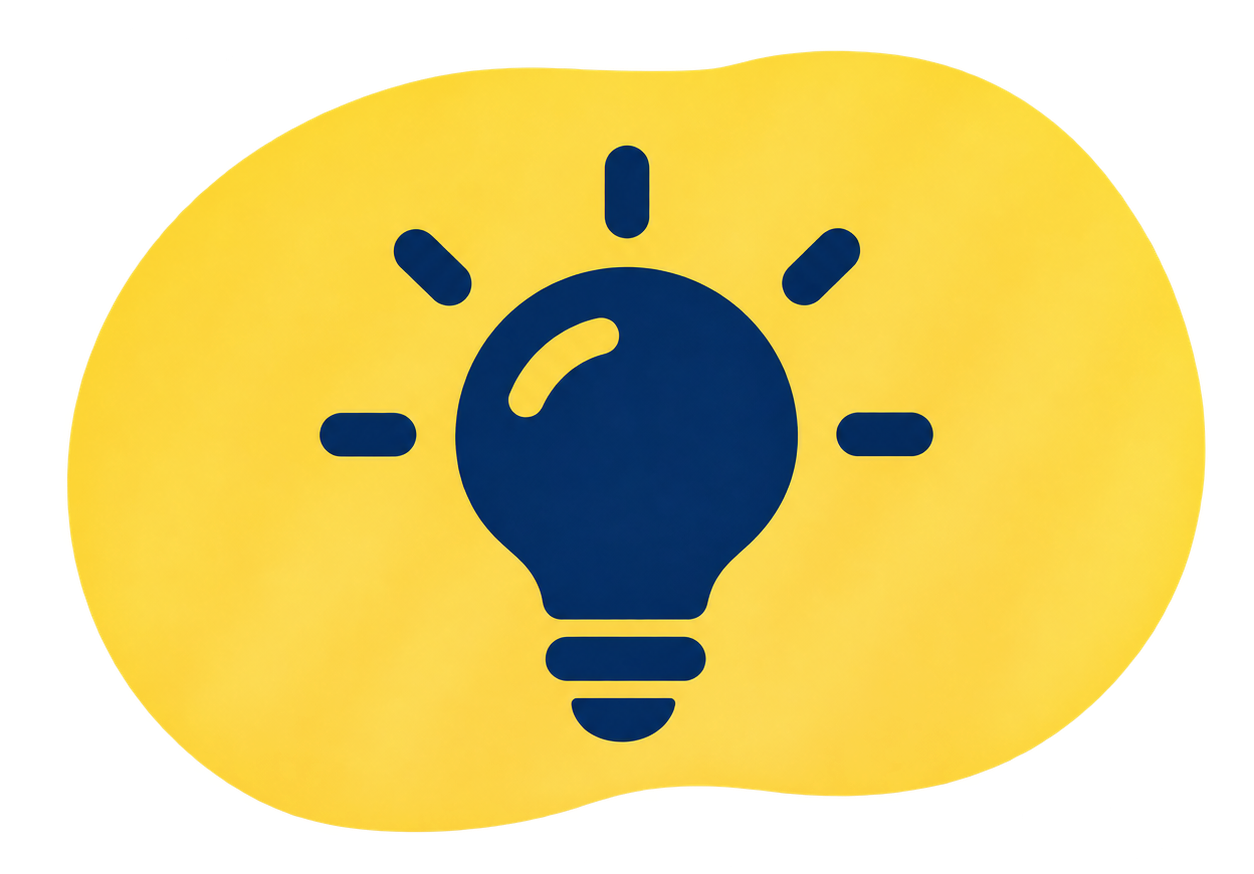 Blue lightbulb icon with rays on a yellow background