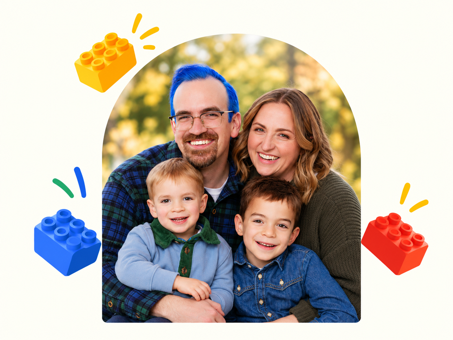 Smiling family portrait with three children, framed by colorful toy blocks on a white background