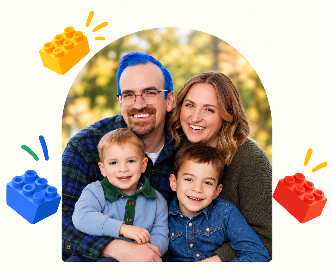 Smiling family portrait with two children, framed by colorful toy blocks on a white background