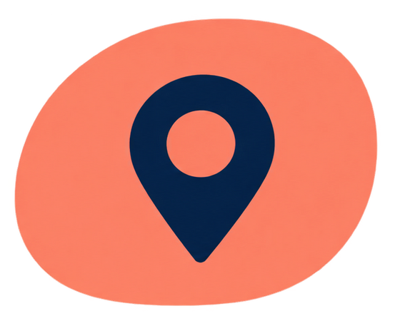 Dark blue location pin icon on a coral rounded background