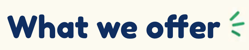 “What we offer” heading in dark blue text with a small green accent on a light background