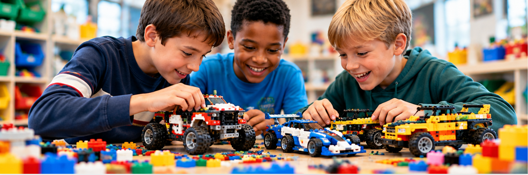 Children playing with colorful toy cars on a table, smiling and leaning in together