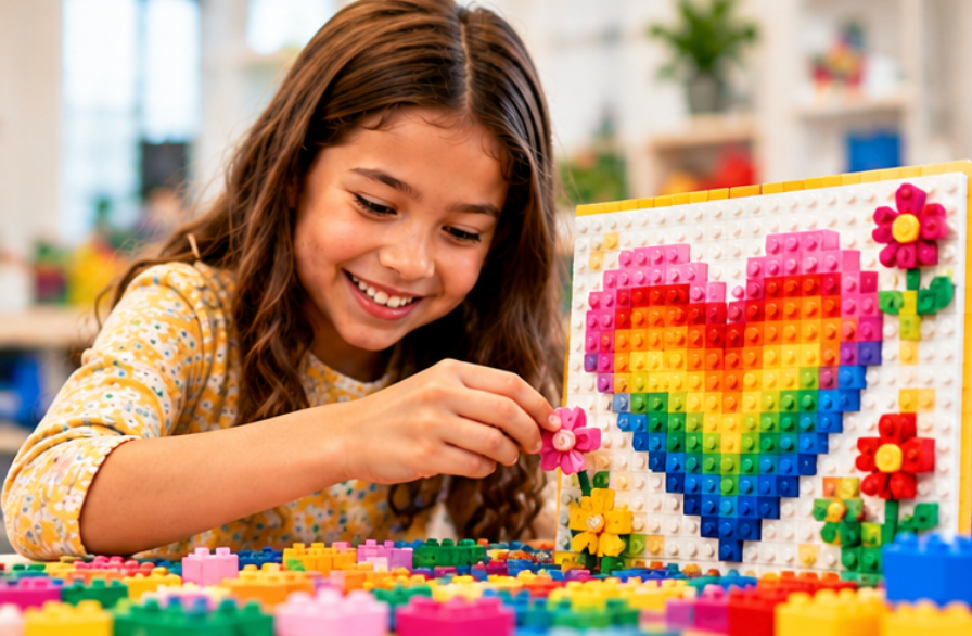 Girl arranging colorful beads into a rainbow heart mosaic on a table