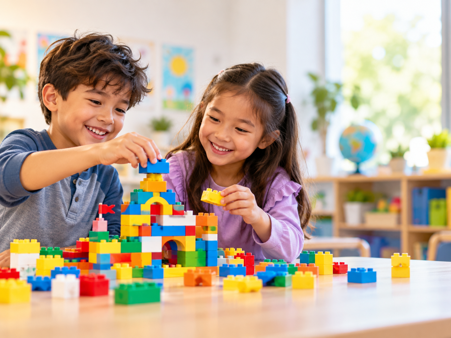 Two children smiling and building a colorful block tower at a table indoors