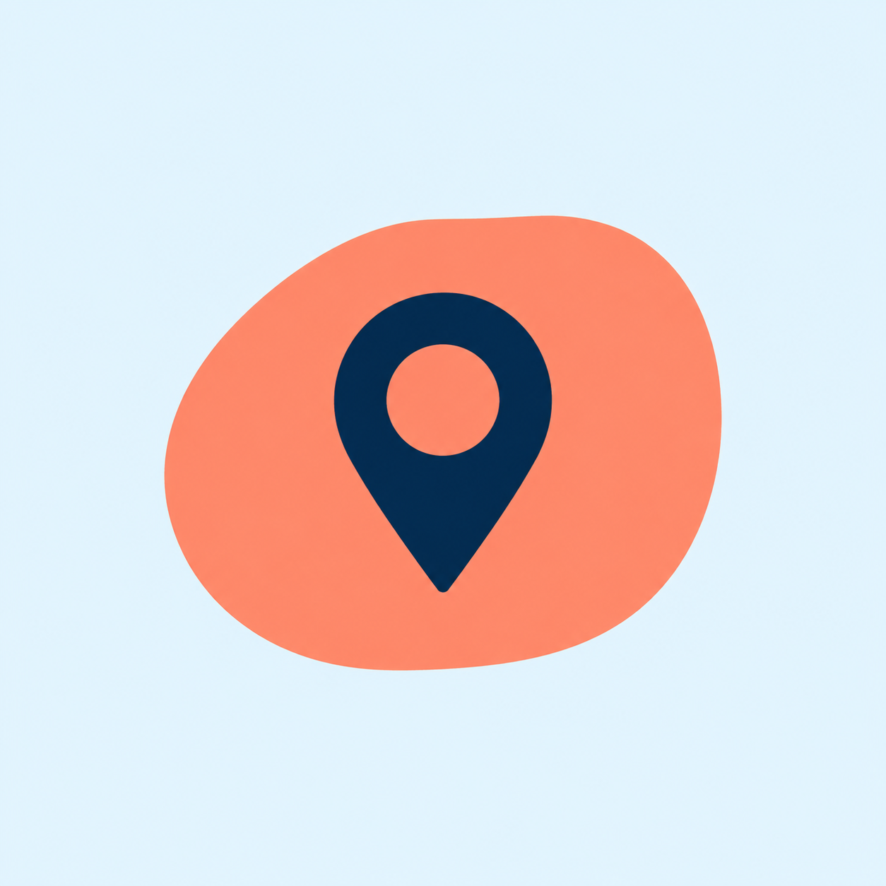 Blue location pin on a coral-orange rounded background.