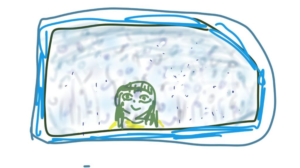 A child 's drawing of a girl looking out of a window.