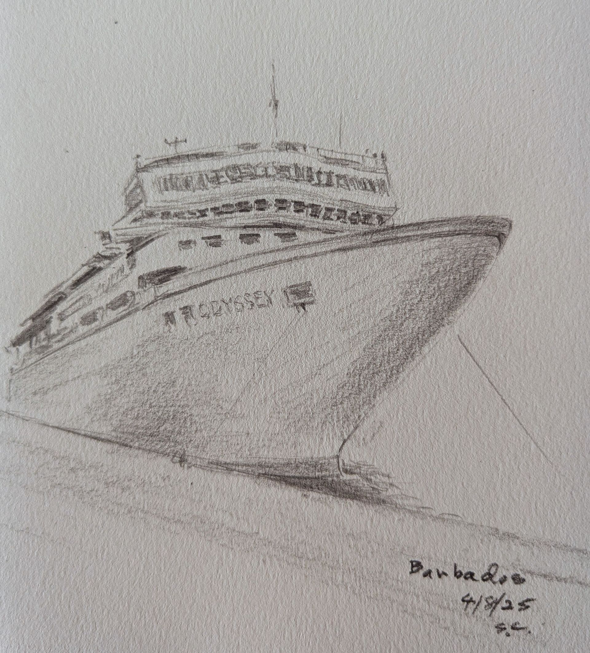 A pencil drawing of a cruise ship docked in a harbor.