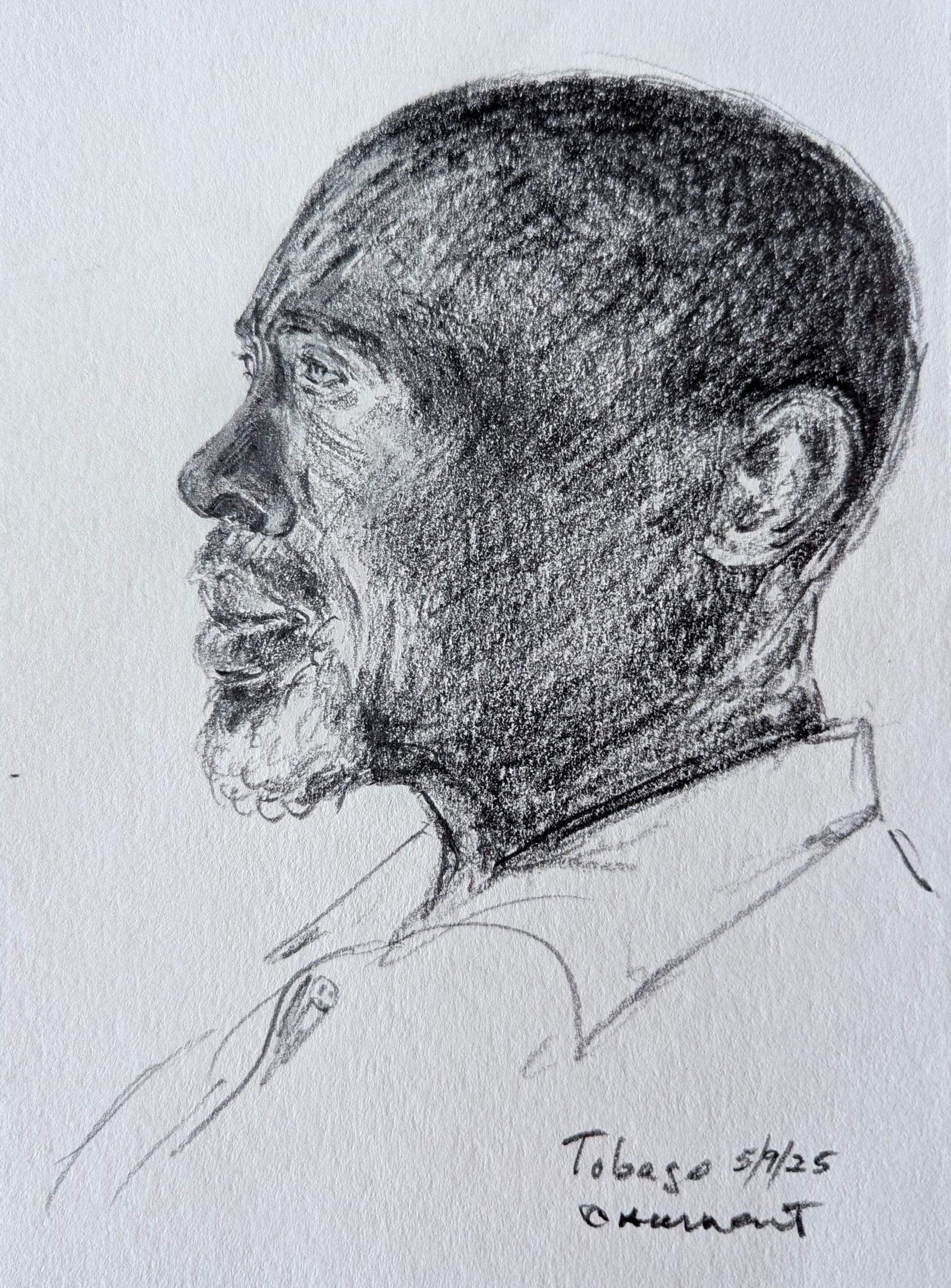 A black and white drawing of a man with a beard