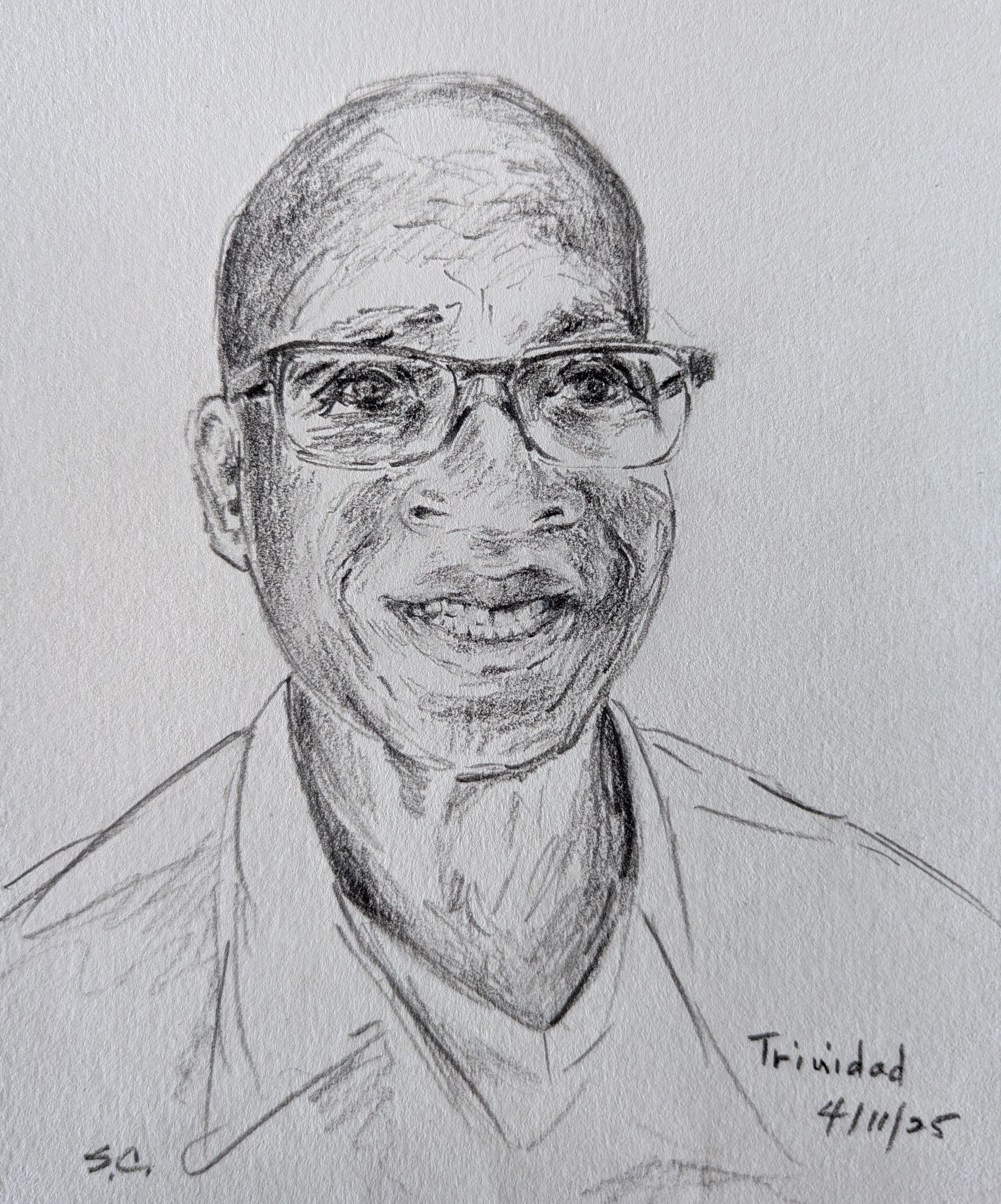 A black and white drawing of a man wearing glasses