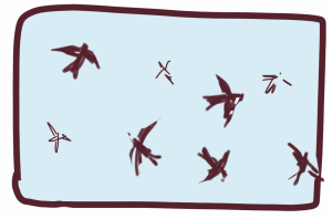 A drawing of birds flying in the sky