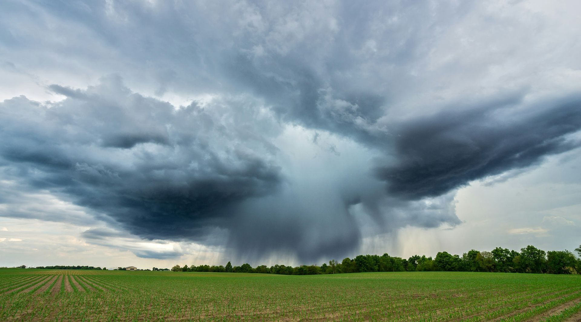 A large storm cloud is moving over a green field.