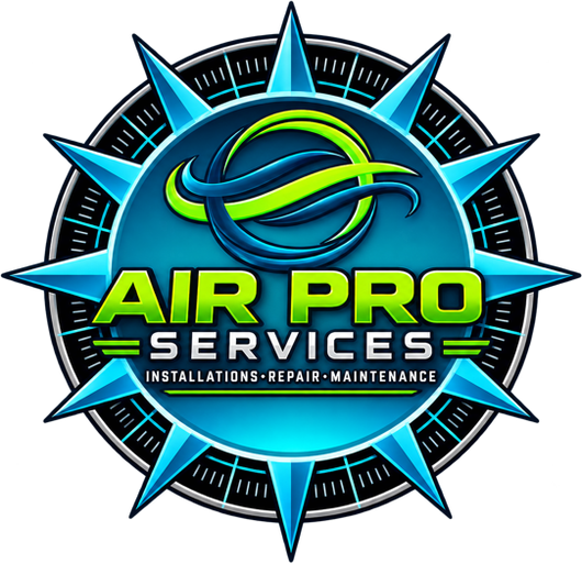Blue and teal Air Pro Services logo with compass design and &ldquo;Installations &bull; Repair &bull; Maintenance&rdquo; text