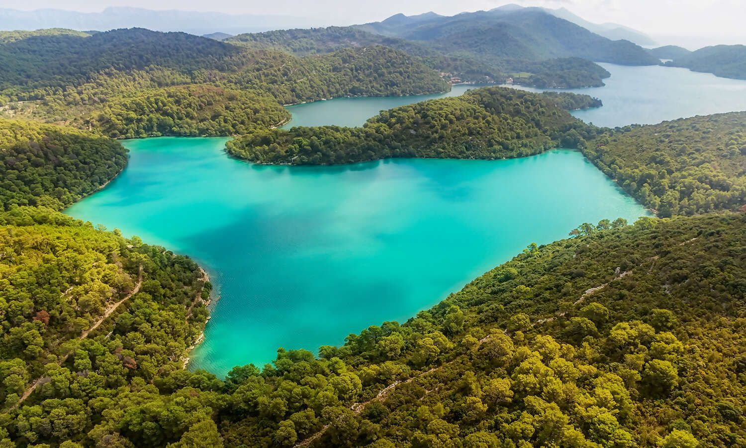 An aerial view of a heart shaped lake surrounded by trees and mountains.
