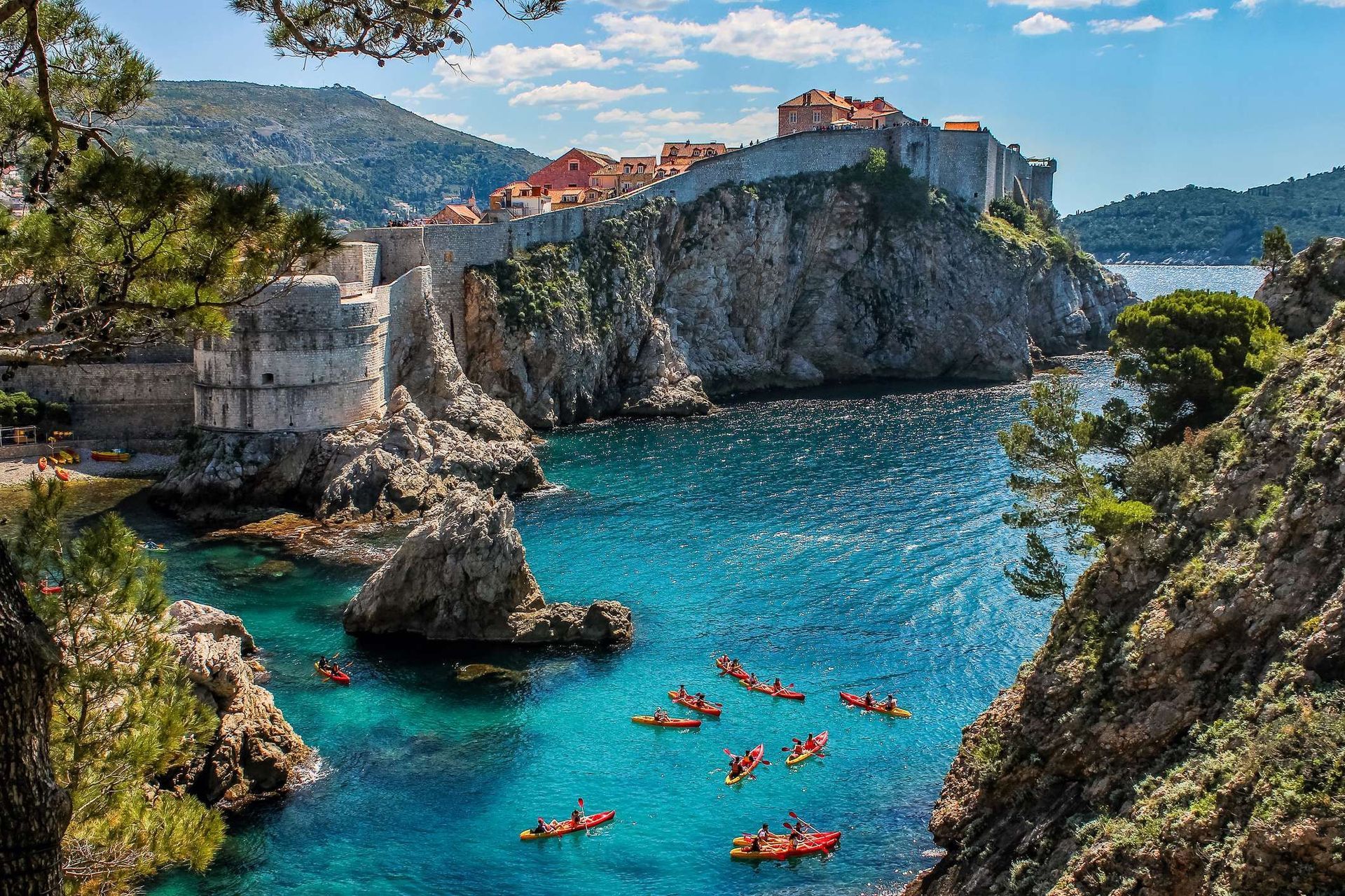 A group of people are kayaking in a body of water.