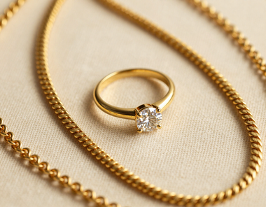 Goldring mit einem klaren Edelstein an einer Goldkette