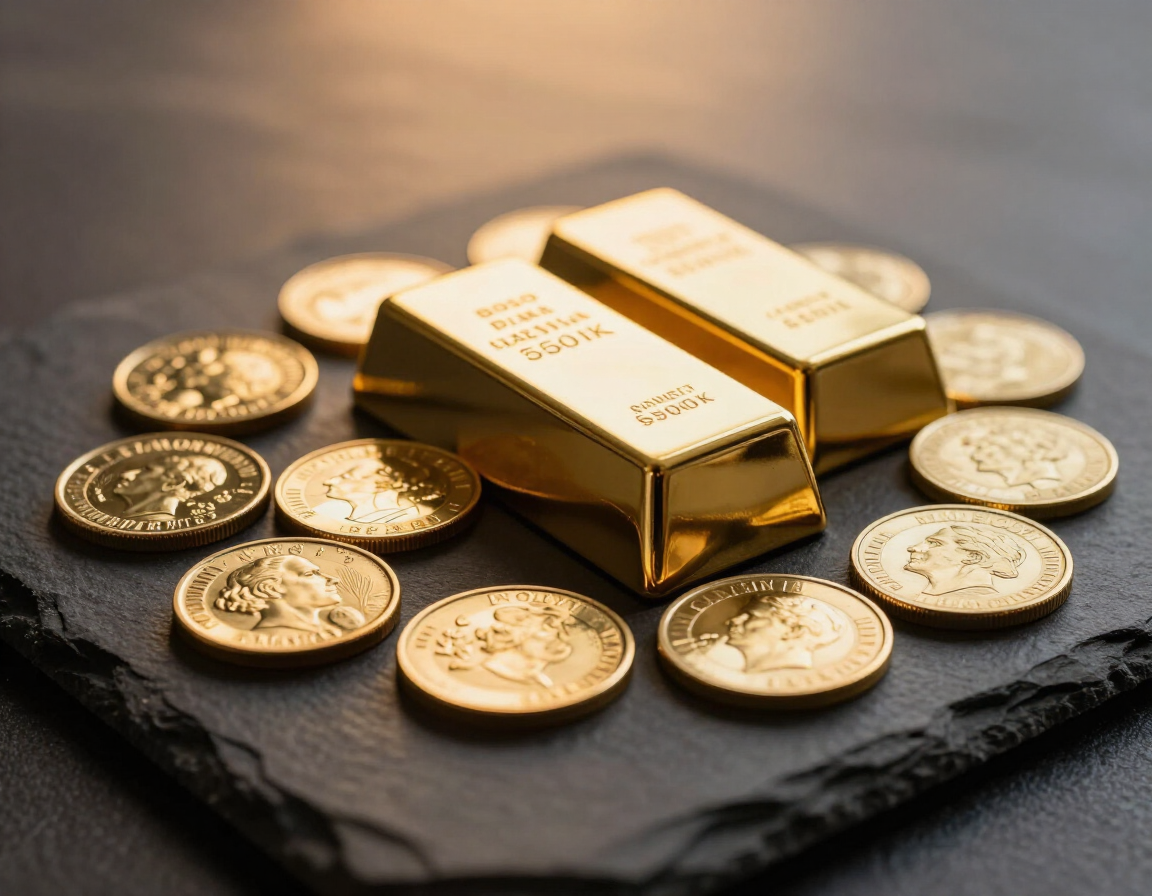 Goldbarren, umgeben von Goldmünzen auf dunklem Schiefer
