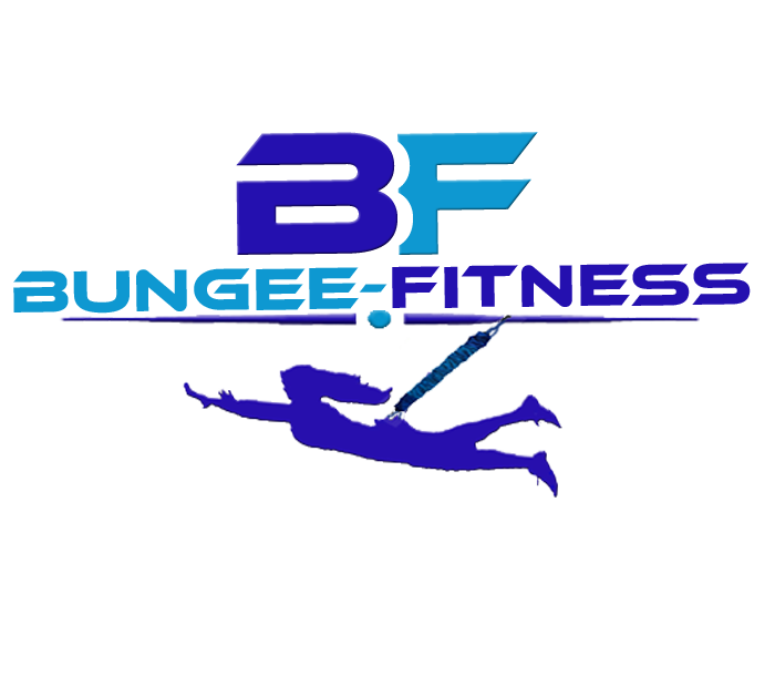 A logo for bf bungee fitness with a person flying through the air