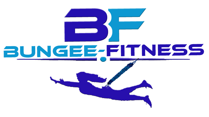 A logo for bungee fitness with a silhouette of a person flying through the air.