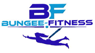 A logo for bungee fitness with a silhouette of a person flying through the air.