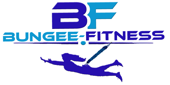 A logo for bungee fitness with a person flying through the air